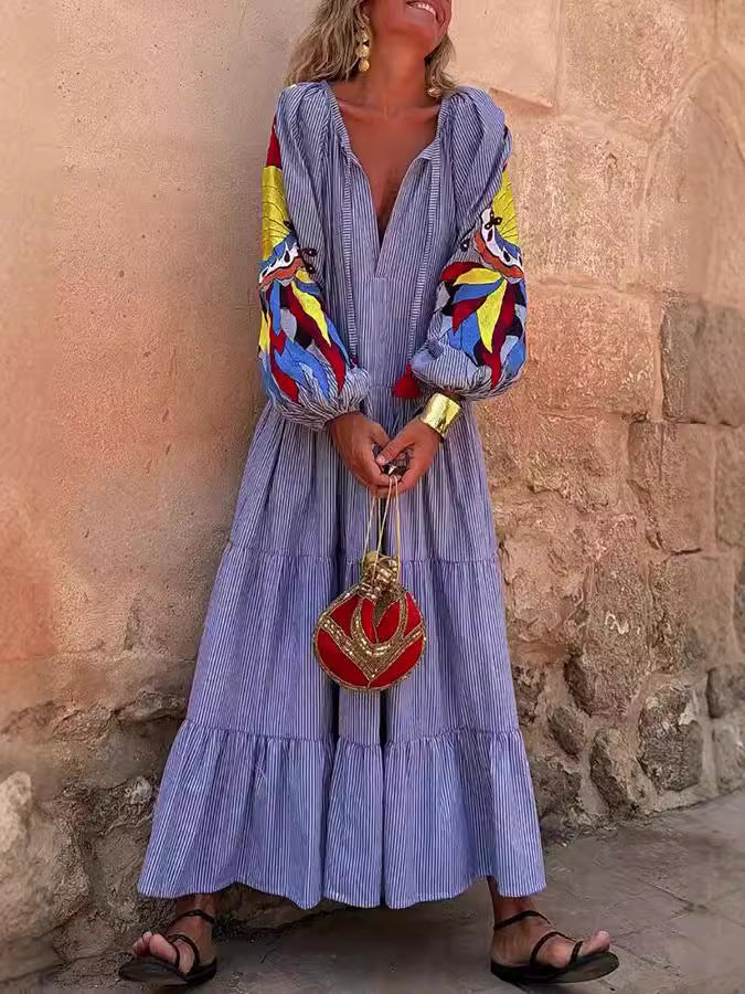 Tina- Damen Maxikleid mit bunten Puffärmeln und V-Neck - Image 3