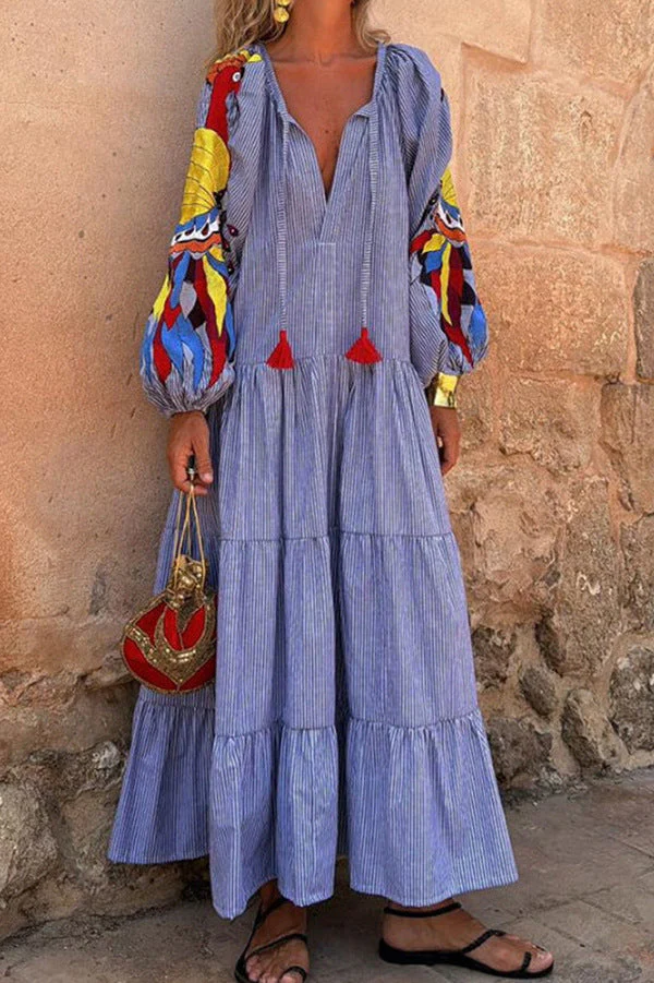 Tina- Damen Maxikleid mit bunten Puffärmeln und V-Neck - Image 4
