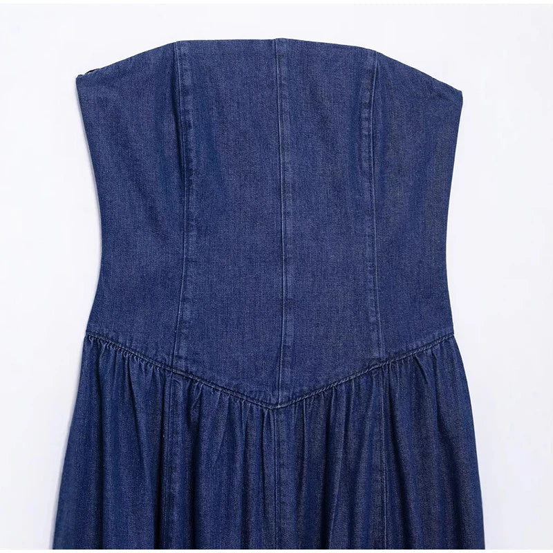 Trägerloses Elegantes Damen Jeanskleid Midi Slim Fit Vintage - Image 10