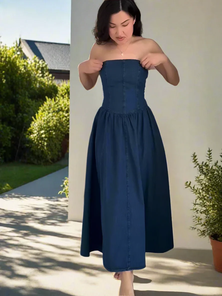 Trägerloses Elegantes Damen Jeanskleid Midi Slim Fit Vintage - Image 2