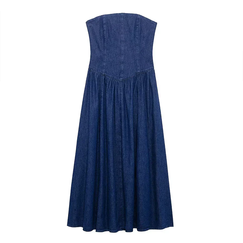 Trägerloses Elegantes Damen Jeanskleid Midi Slim Fit Vintage - Image 3