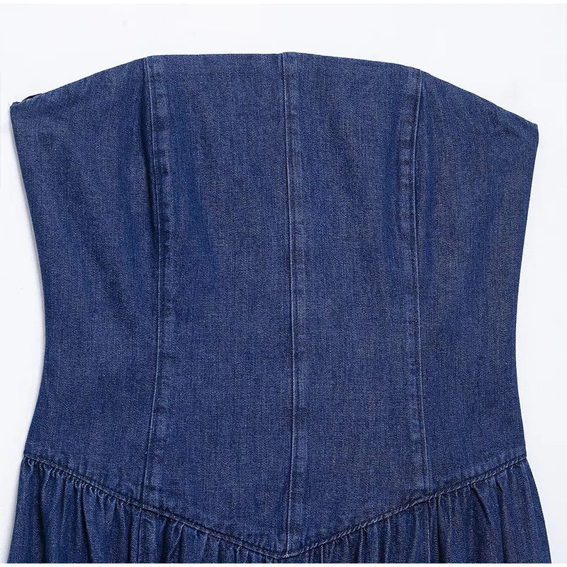Trägerloses Elegantes Damen Jeanskleid Midi Slim Fit Vintage - Image 7