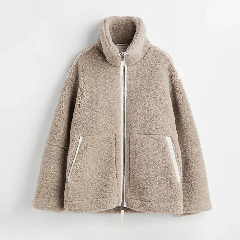 Übergroße Damenjacke aus Wolle mit hohem Kragen und Reißverschluss – trendige Jacke für Streetwear und Freizeitkleidung - Image 5