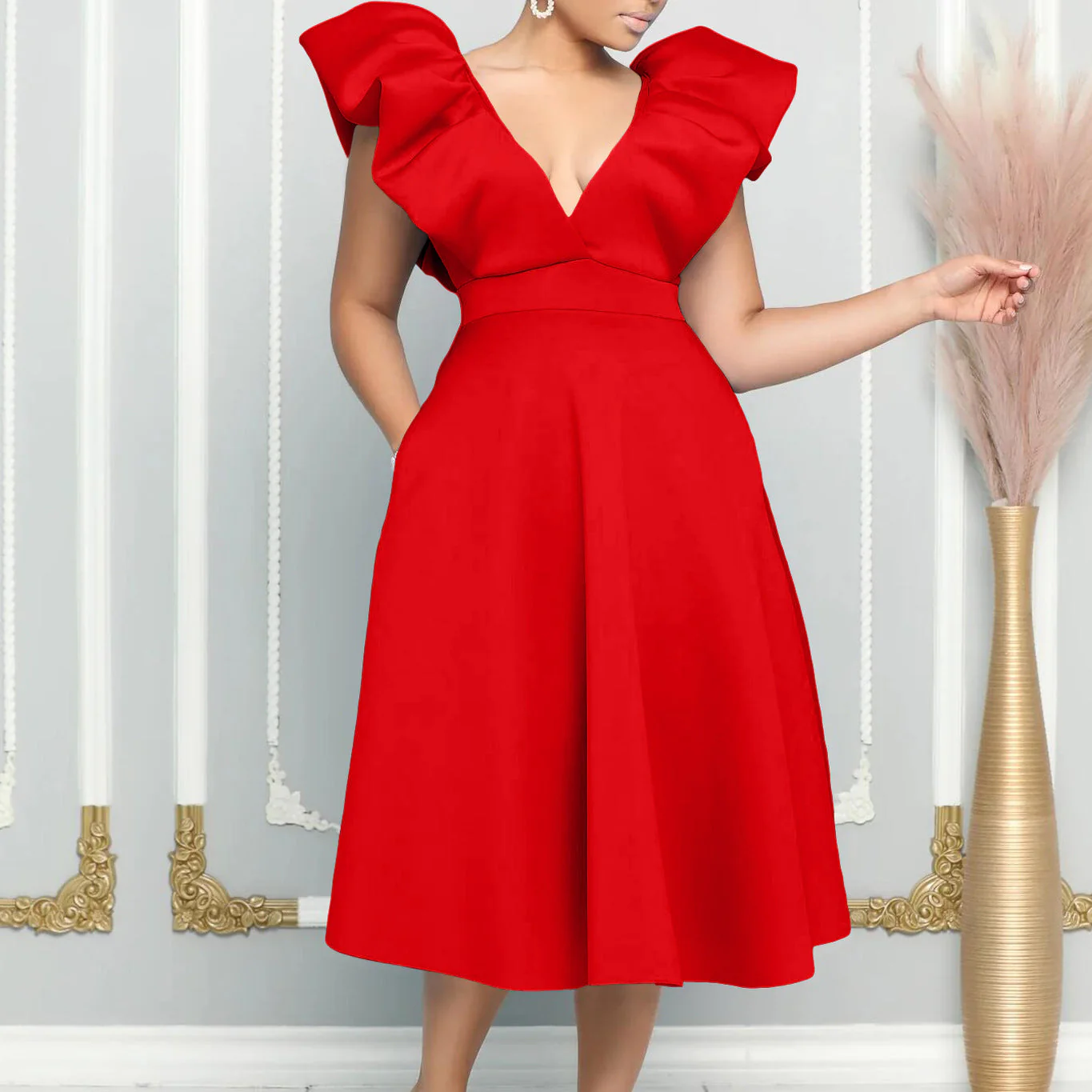 Umay- Damen A-Linien Kleid mit elegantem V-Ausschnitt - Image 3