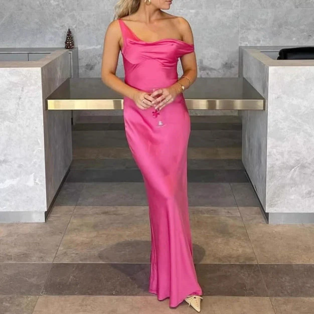 Unee- Damen elegantes Maxikleid mit asymmetrischem und Satin - Image 3