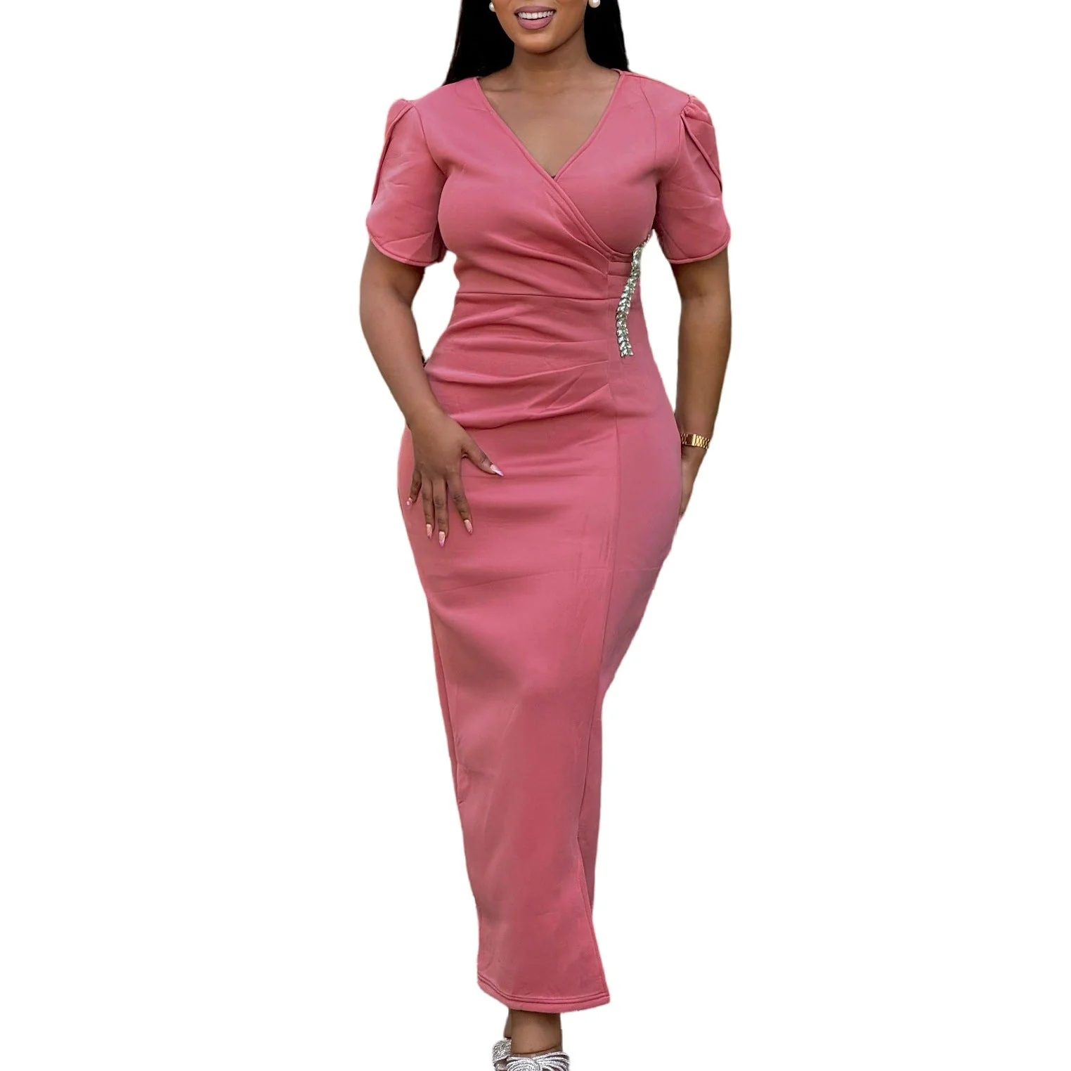 Ura- Damen elegantes Wickelkleid mit Puffärmeln und Detail - Image 3