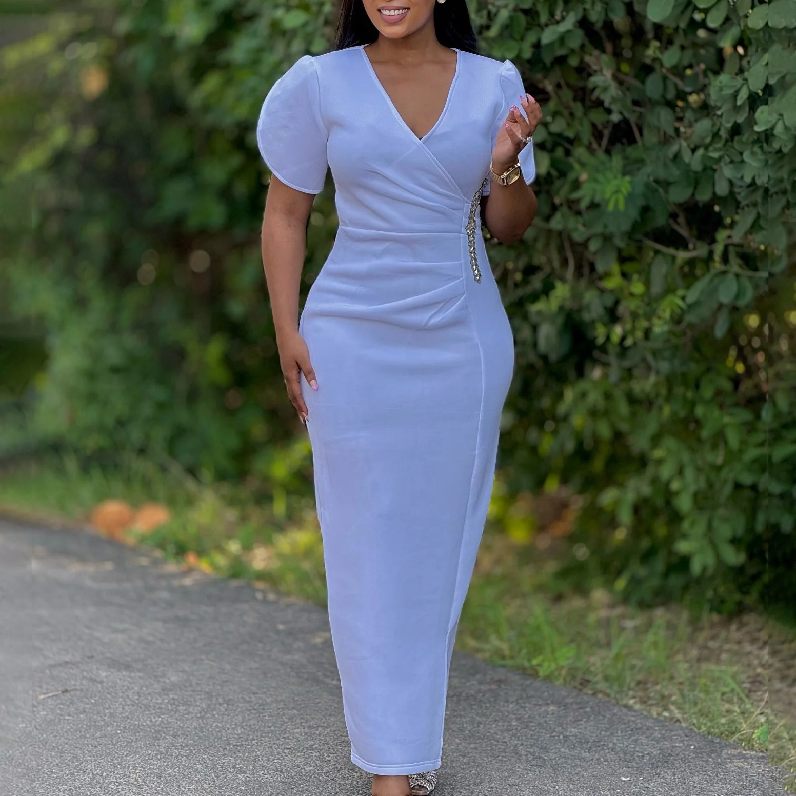Ura- Damen elegantes Wickelkleid mit Puffärmeln und Detail - Image 6