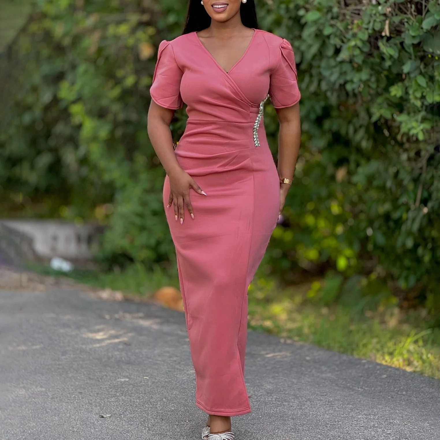 Ura- Damen elegantes Wickelkleid mit Puffärmeln und Detail - Image 7