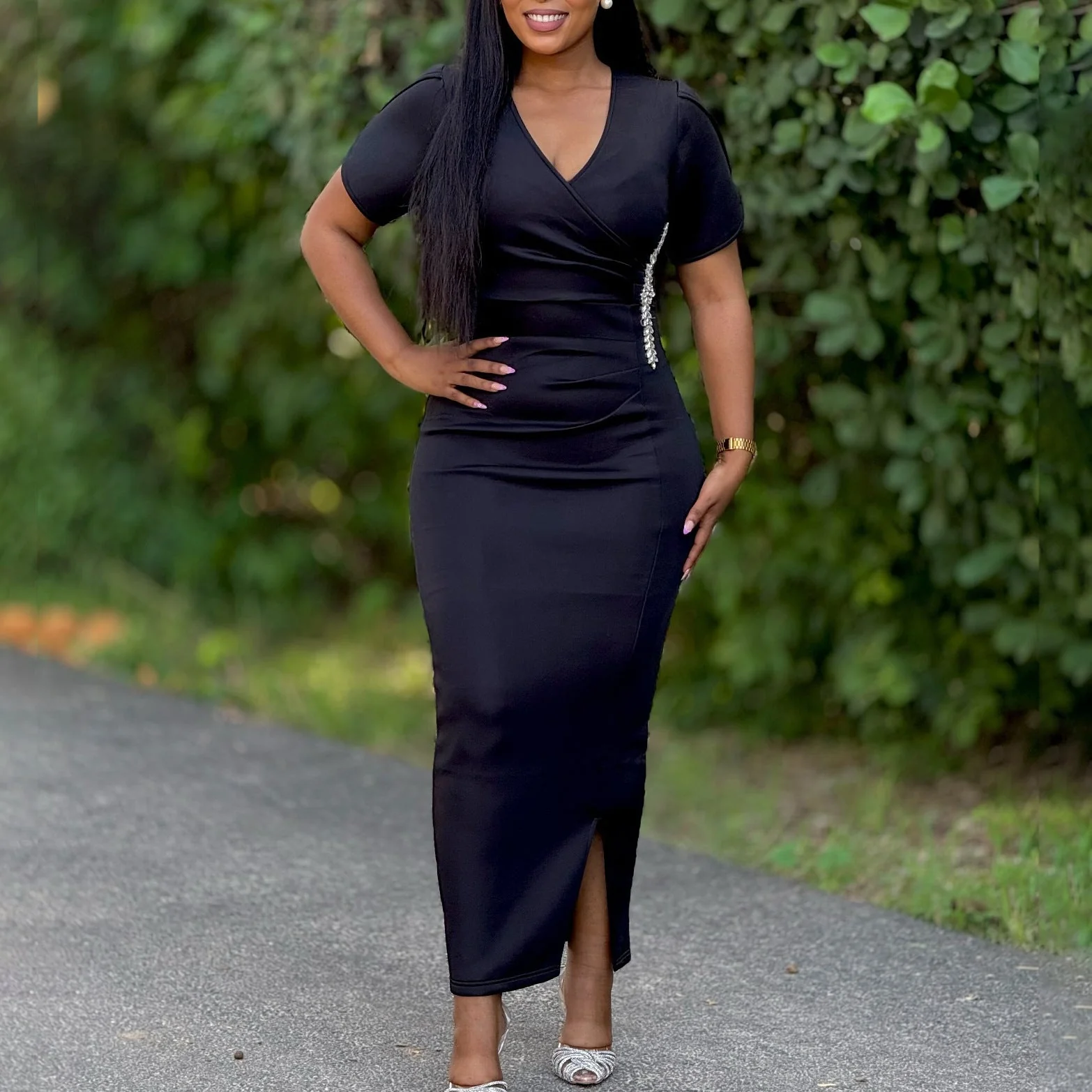 Ura- Damen elegantes Wickelkleid mit Puffärmeln und Detail - Image 8