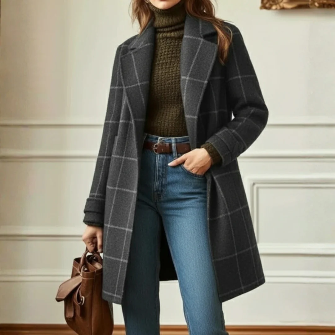 Ursula | Damen Kariertes Knopfleiste Vorne Mantel - Image 2