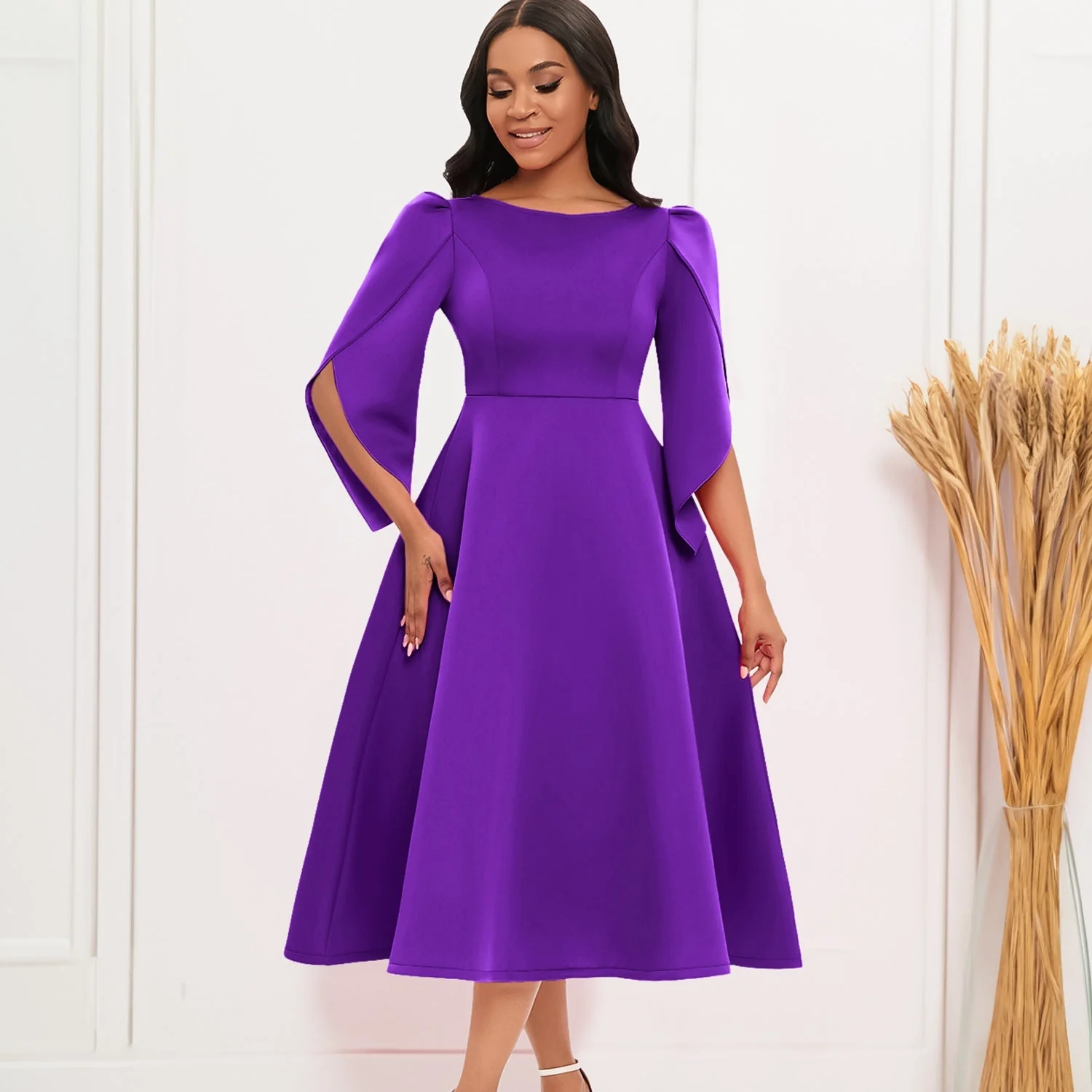 Urszula- Damen A-linien Kleid mit eleganten Puffärmeln - Image 3