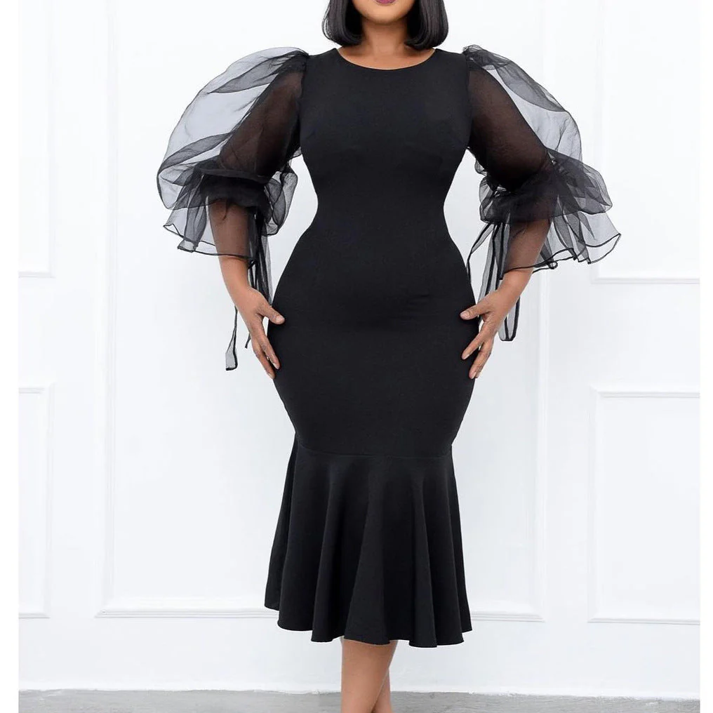 Urzula- Damen Abendkleid mit transparenten Puffärmeln und Saum