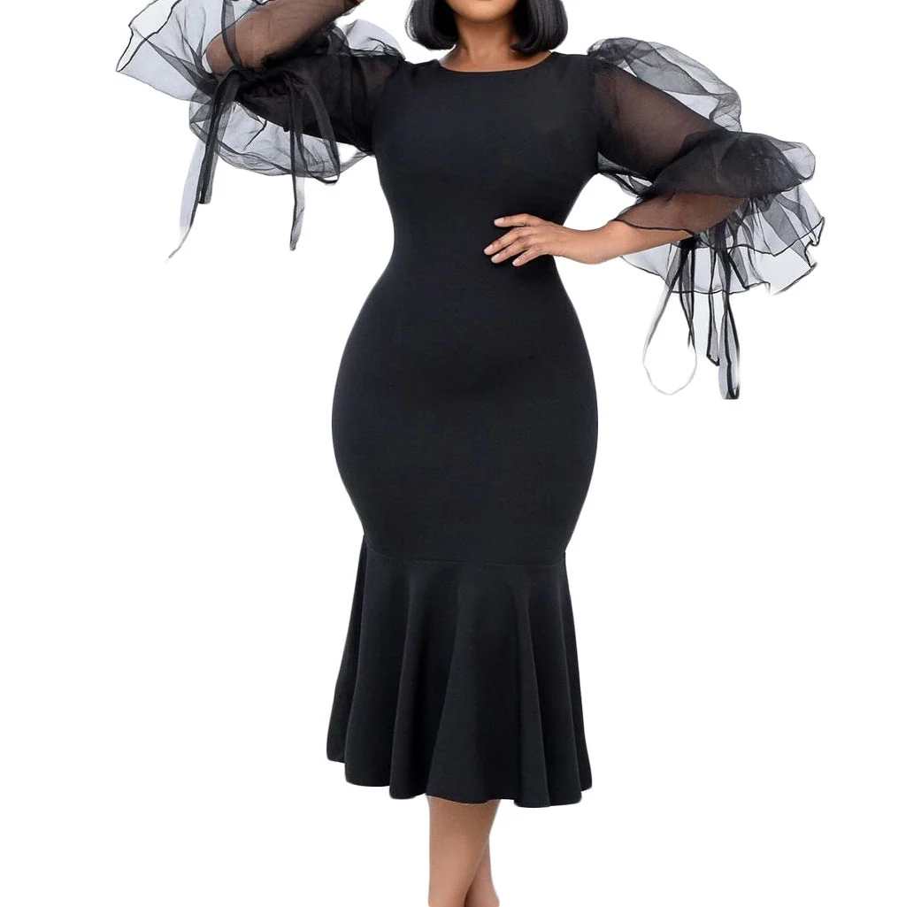 Urzula- Damen Abendkleid mit transparenten Puffärmeln und Saum - Image 4