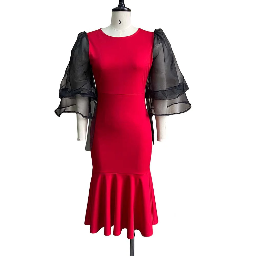 Urzula- Damen Abendkleid mit transparenten Puffärmeln und Saum - Image 6