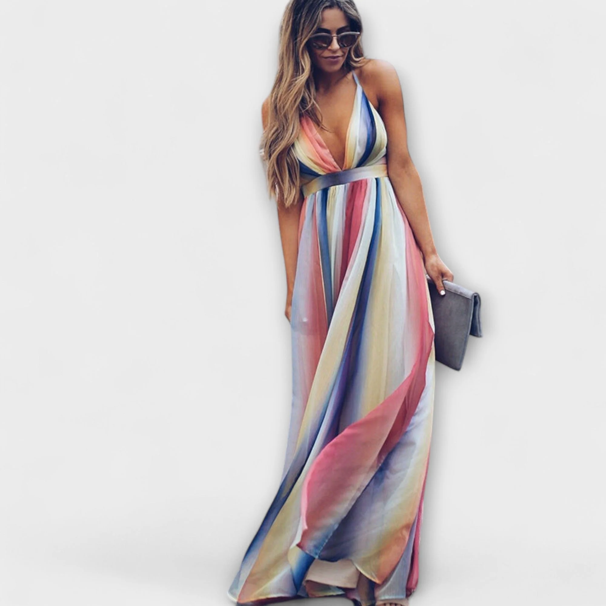 V-Neck Multicolored Striped Dress for Women - Image 2