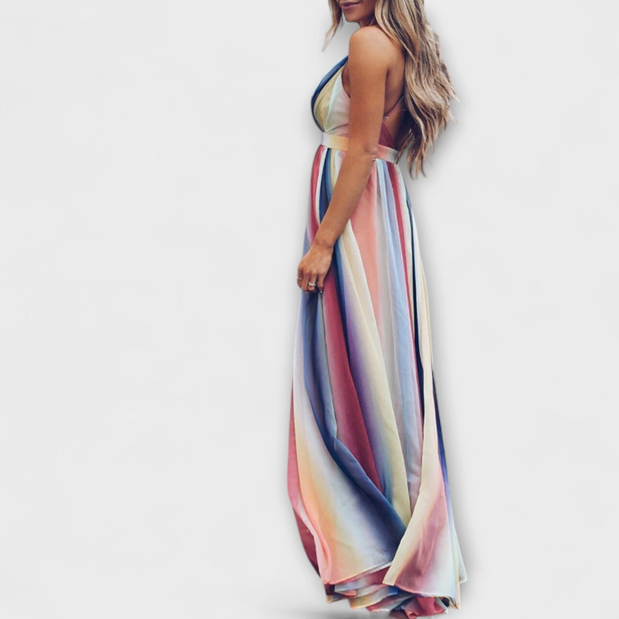 V-Neck Multicolored Striped Dress for Women - Image 3