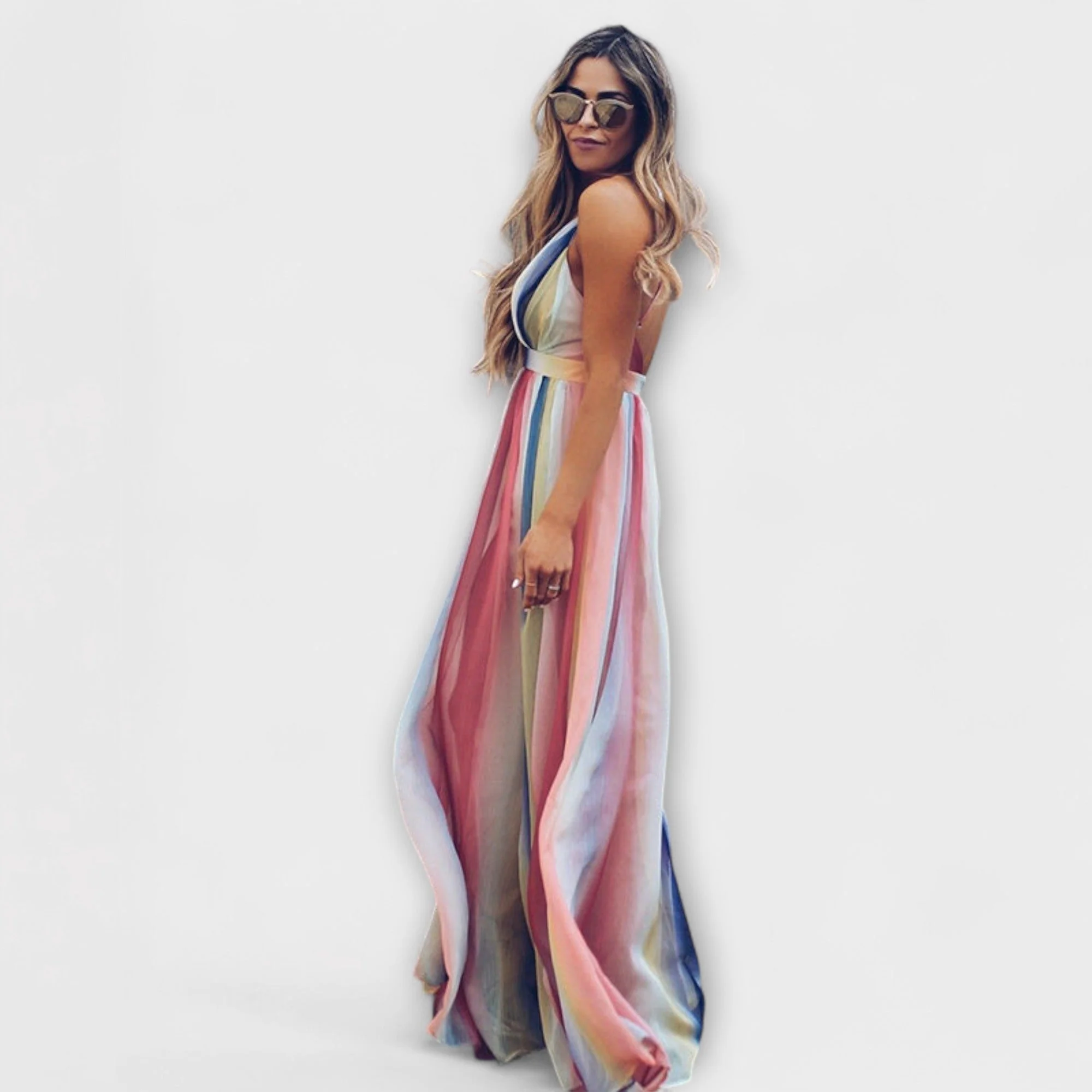 V-Neck Multicolored Striped Dress for Women - Image 4