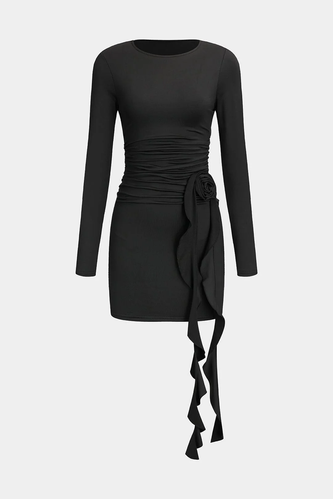 Valeria | Elegantes Schwarzes Langärmliges Minikleid – Figurbetonte Passform mit Drapierung & Rosendetail - Image 3