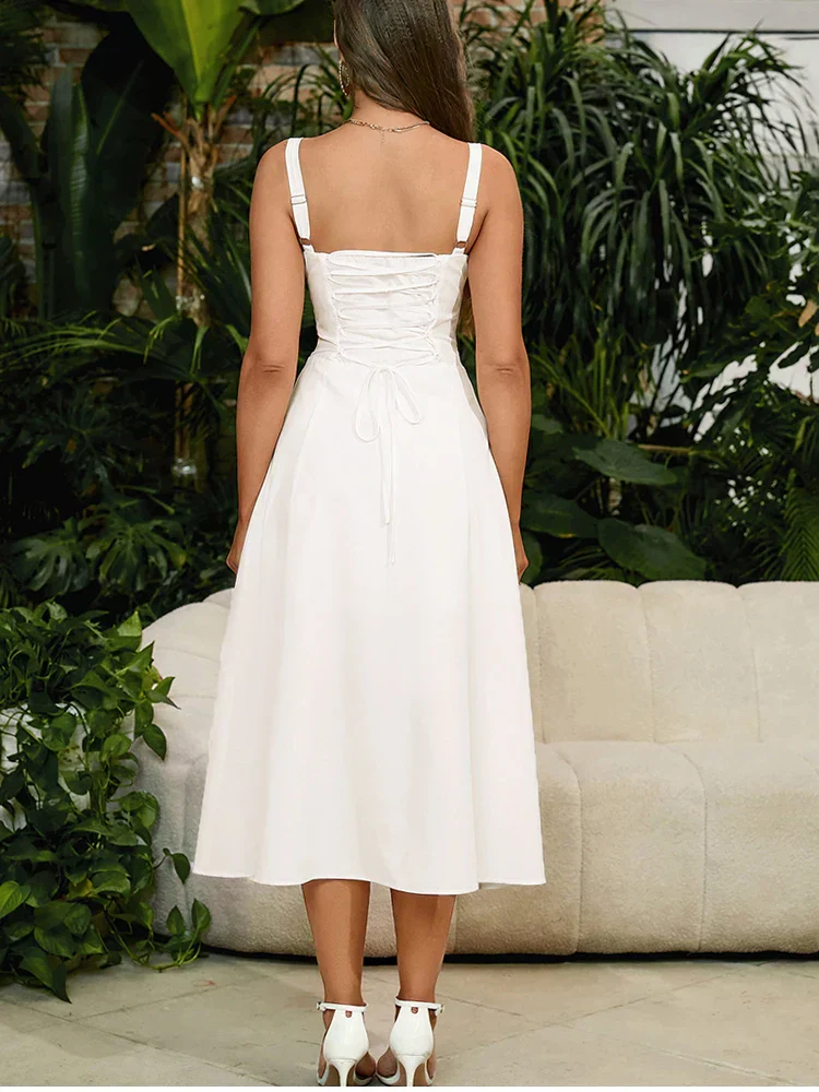 Vana - Corsagen-Spitzen-Schnürung Weißes Midikleid