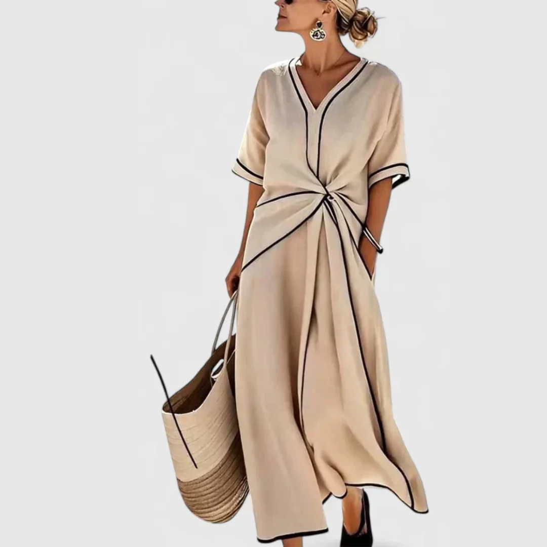 Veronika | Damen V-Ausschnitt Bindegürtel Midi Kleid - Image 2