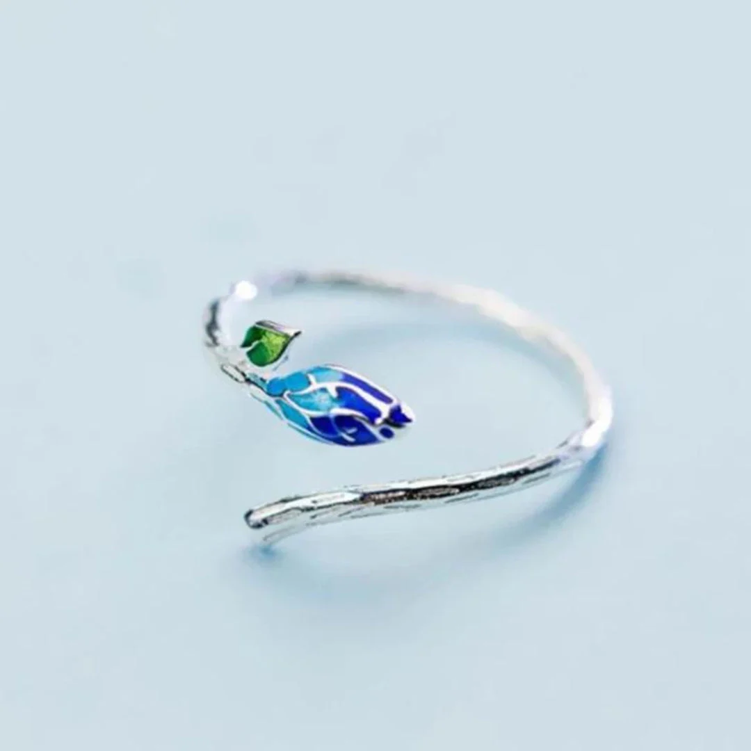 Verstellbarer Blattring mit Blauer und Grüner Emaille auf Sterlingsilber - Image 3