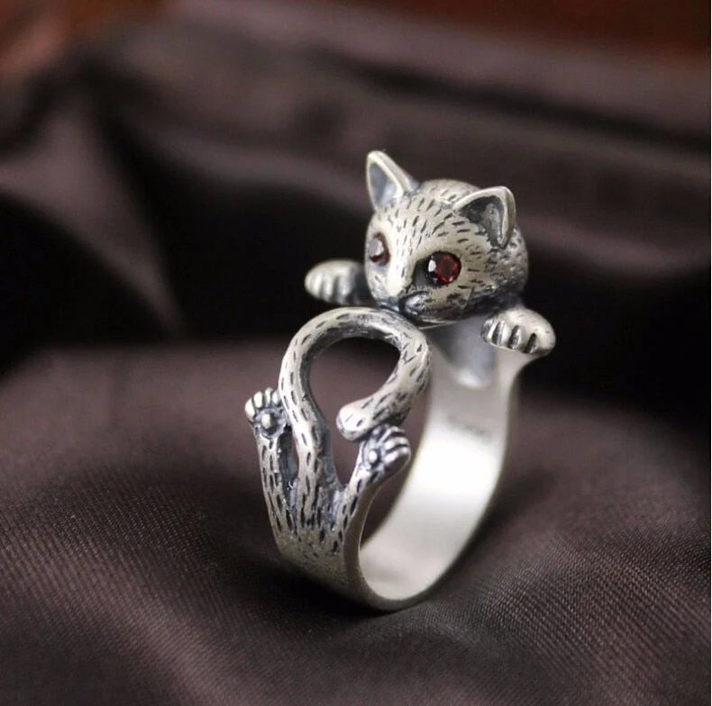 Verstellbarer Handbemalter Katzenring aus 925er Sterlingsilber - Image 2