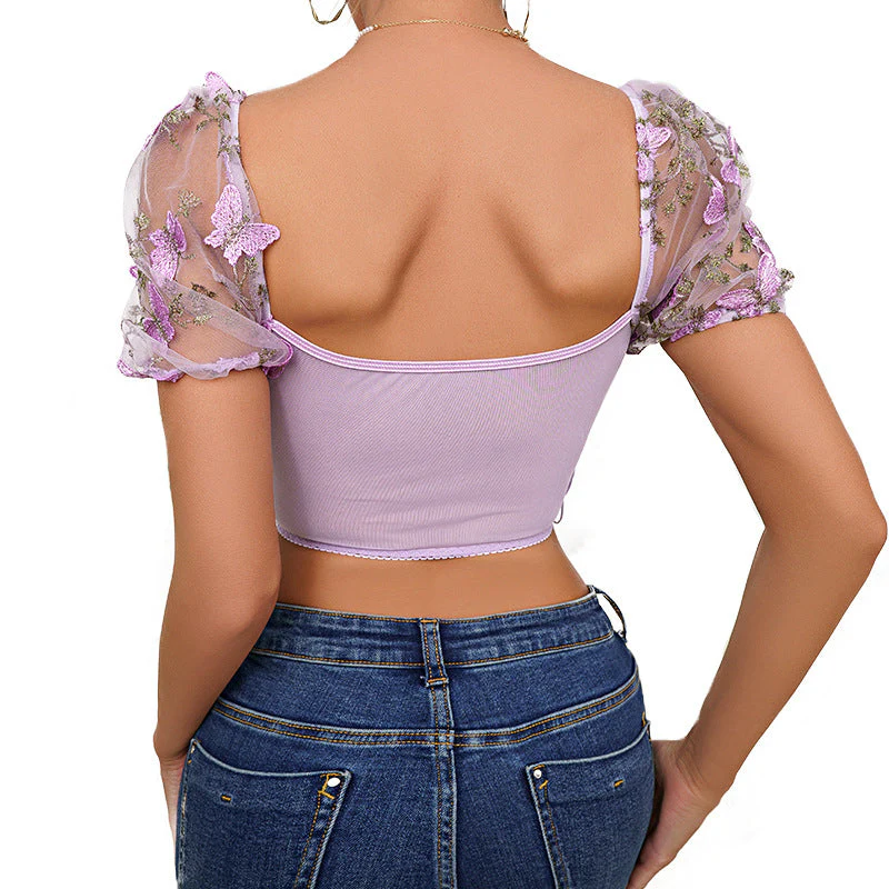 Vilma- Damen Elegantes Blumenspitzen Oberteil mit Puffärmeln - Image 4