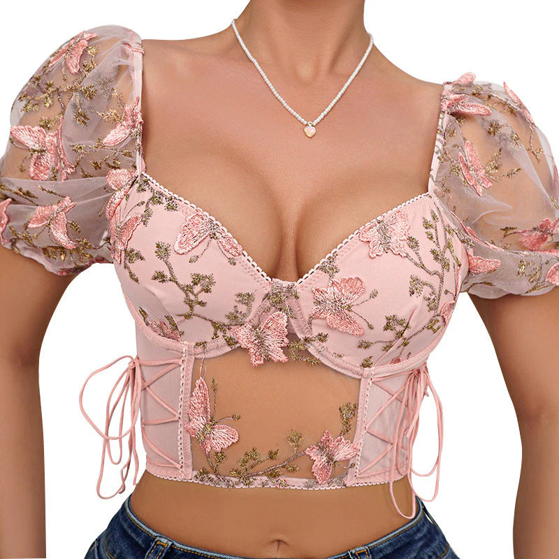 Vilma- Damen Elegantes Blumenspitzen Oberteil mit Puffärmeln - Image 5