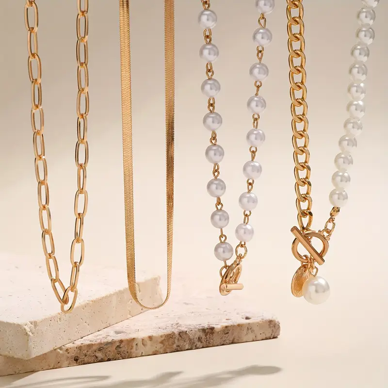 Vintage Perlen- und Goldschlangenkette Set | Goldfarbe - Image 3