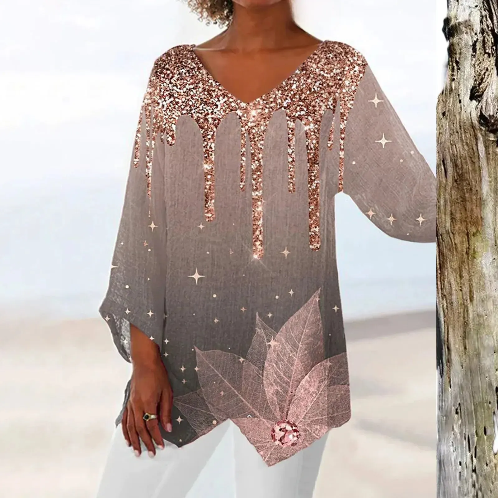 Vintage V-Ausschnitt Damen Bluse - Image 5