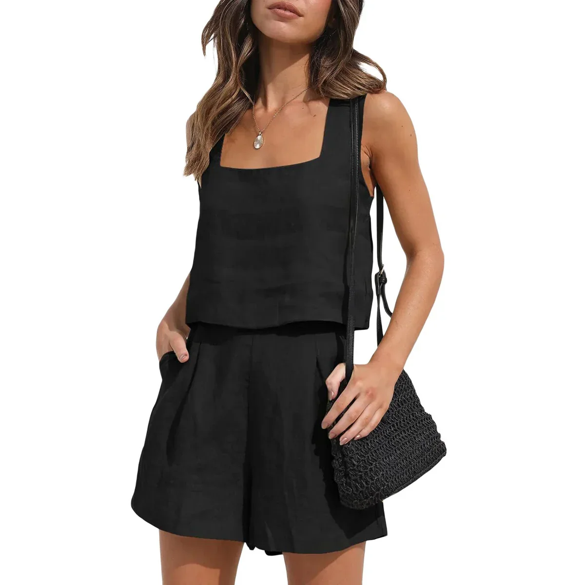 Vionette – Leinen-Mix-Set mit eckigem Ausschnitt und Shorts - Image 2