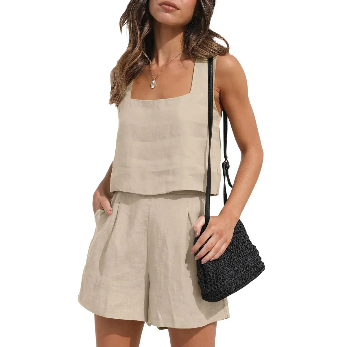 Vionette – Leinen-Mix-Set mit eckigem Ausschnitt und Shorts - Image 4