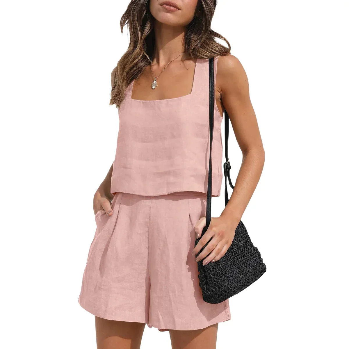Vionette – Leinen-Mix-Set mit eckigem Ausschnitt und Shorts - Image 5