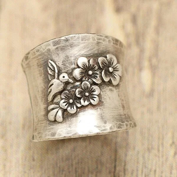 Vogel Blume Breite Band Ring - Image 4