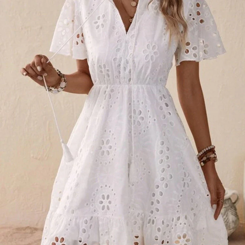 Weißes Sommerkleid mit Broderie – Kurzarm-Kleid aus Baumwolle im Boho-Stil - Image 2
