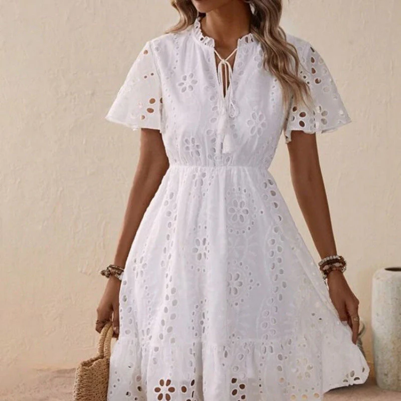 Weißes Sommerkleid mit Broderie – Kurzarm-Kleid aus Baumwolle im Boho-Stil - Image 4