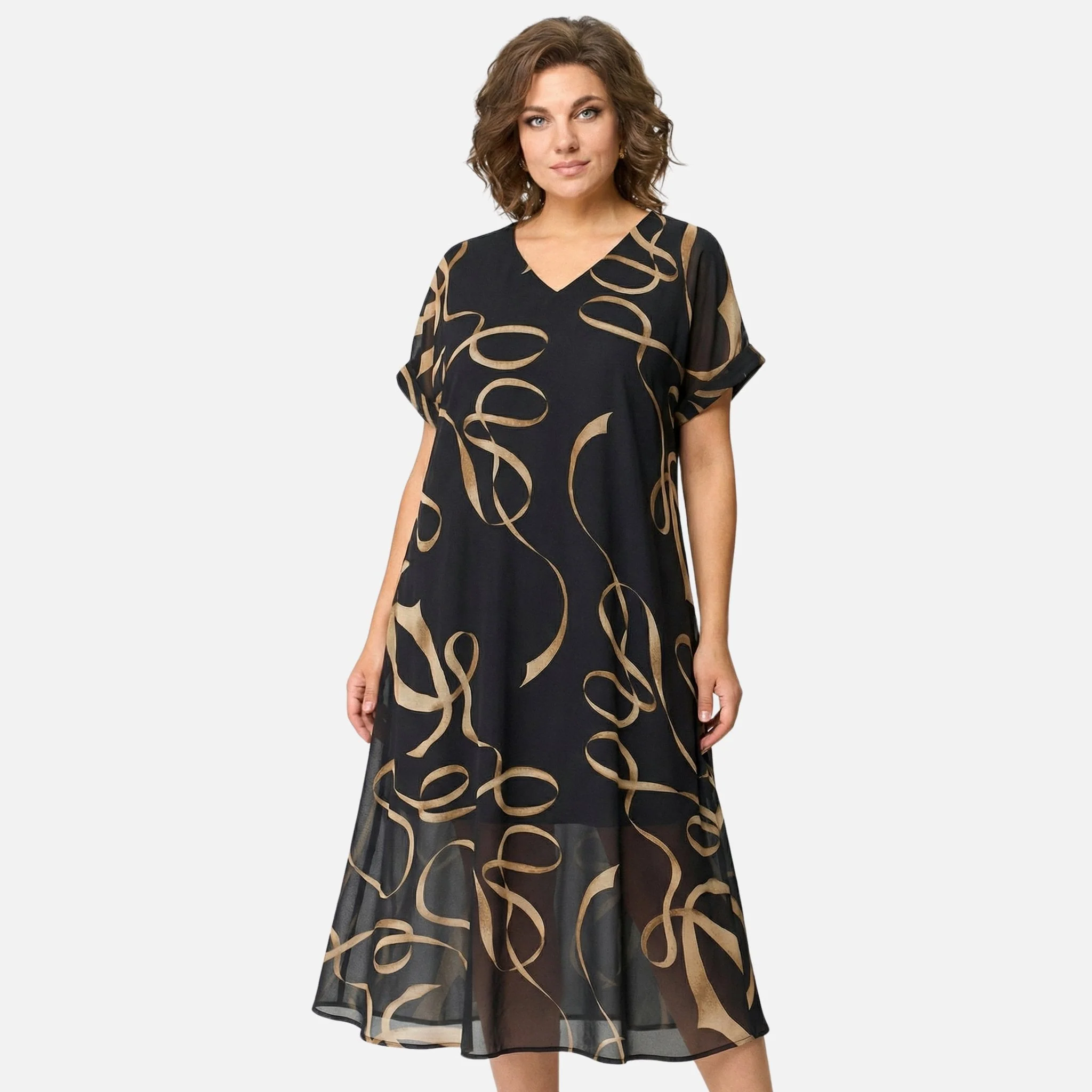 Ursula | Damen Weit Geschnittenes Chiffon Midikleid V-Ausschnitt – Chiffon Midi - Image 2