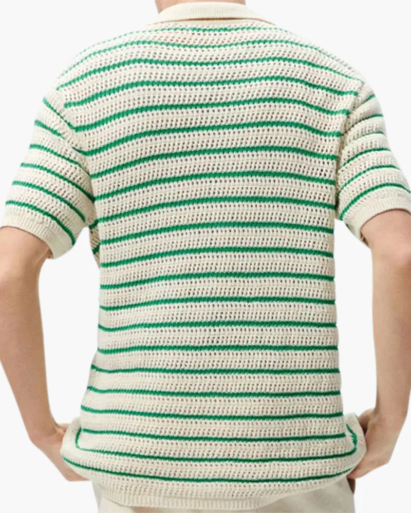 Weston | Grüner Streifen Gestrickt Gehäkeltes Herren Sommerhemd mit Knopfleiste - Image 2
