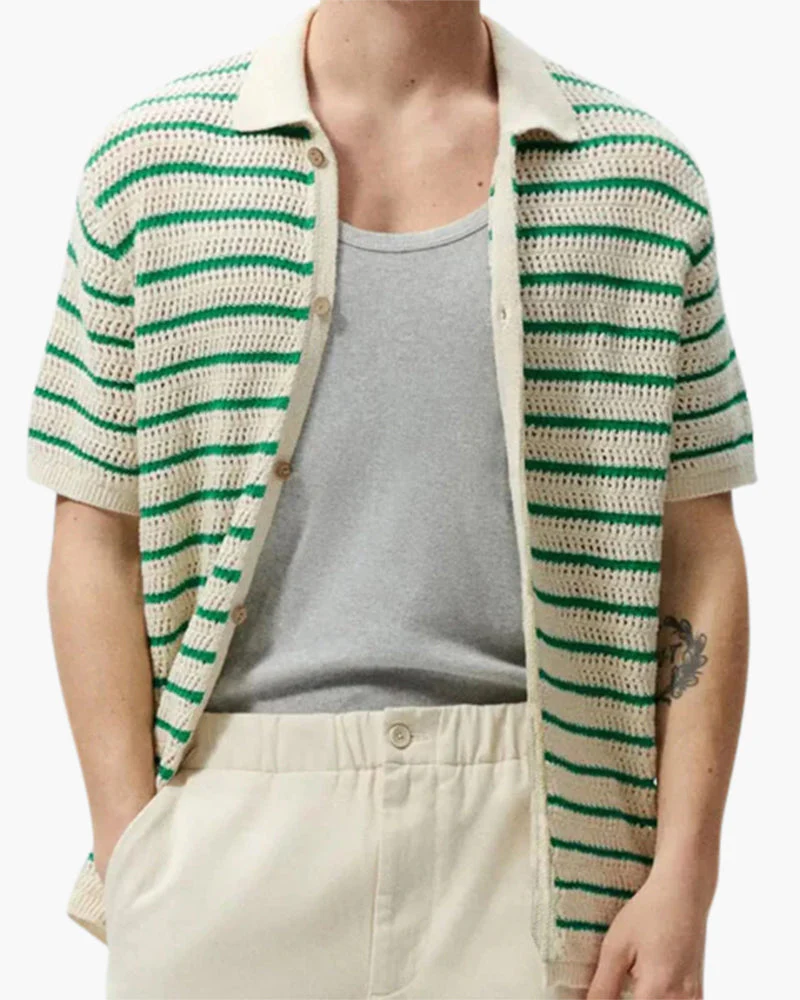 Weston | Grüner Streifen Gestrickt Gehäkeltes Herren Sommerhemd mit Knopfleiste - Image 3