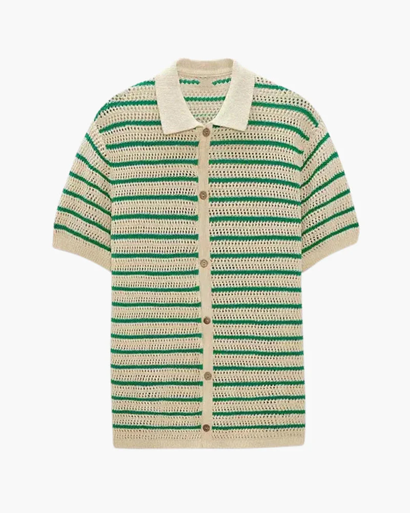 Weston | Grüner Streifen Gestrickt Gehäkeltes Herren Sommerhemd mit Knopfleiste - Image 4