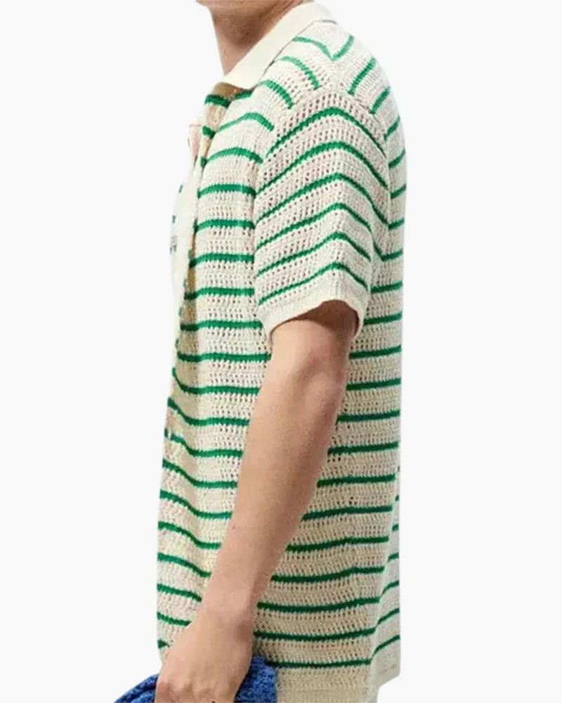 Weston | Grüner Streifen Gestrickt Gehäkeltes Herren Sommerhemd mit Knopfleiste - Image 5