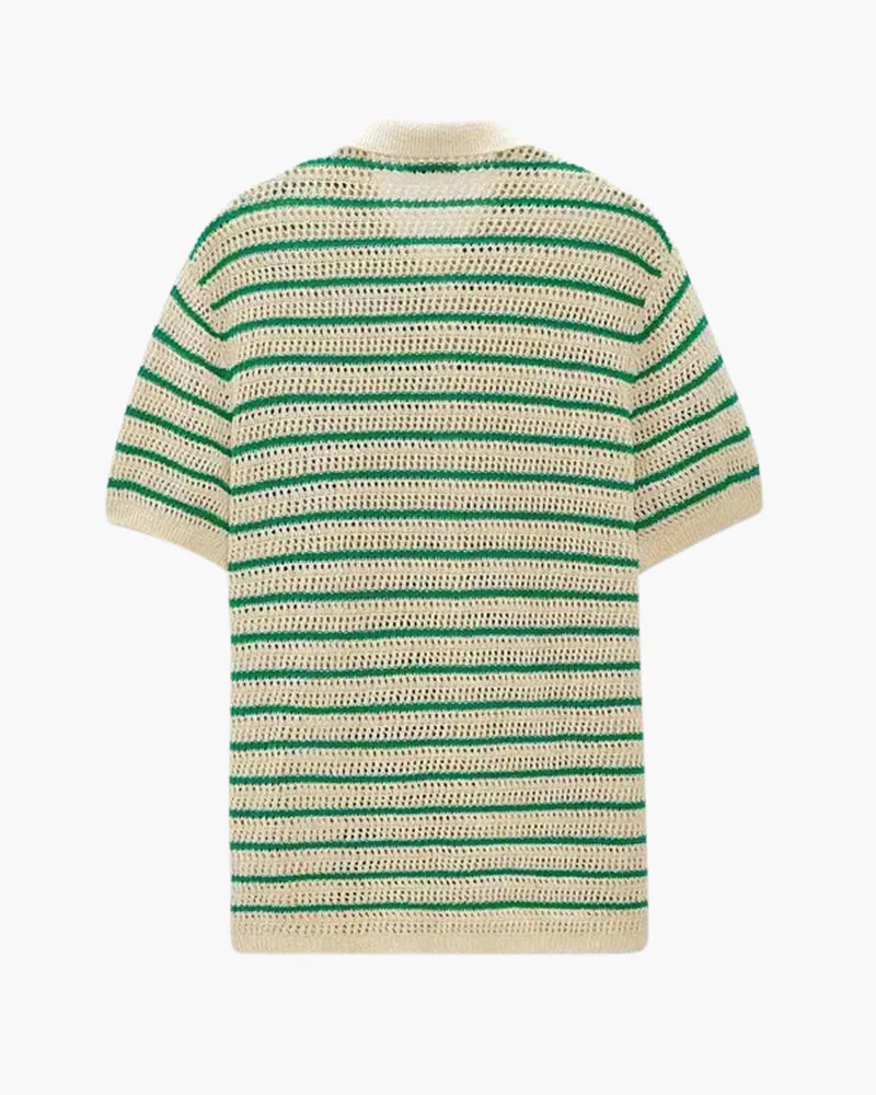 Weston | Grüner Streifen Gestrickt Gehäkeltes Herren Sommerhemd mit Knopfleiste - Image 6