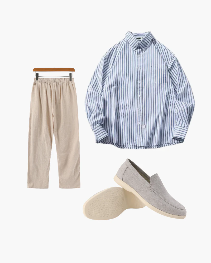Xavier | 3-teiliges Sommer-Outfit mit Streifenhemd, Leinenhose & Loafern - Image 5