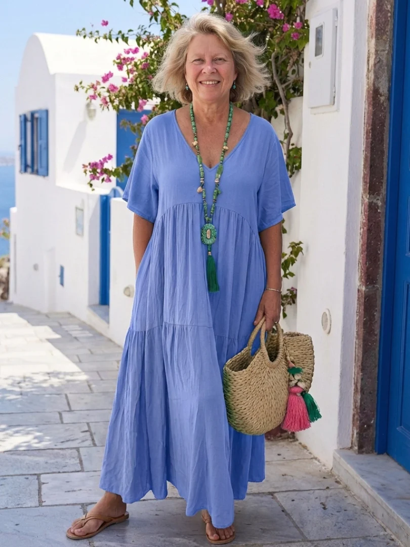 Zinnia | Damen Stufen-Maxikleid Kurzarm Blau Fließend - Image 4