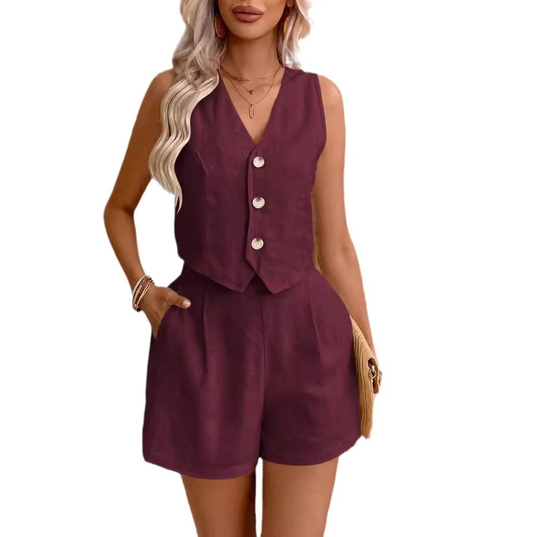 Zweiteiler aus Leinenoptik – Ärmelloses Gilet mit High-Waist Shorts - Image 3