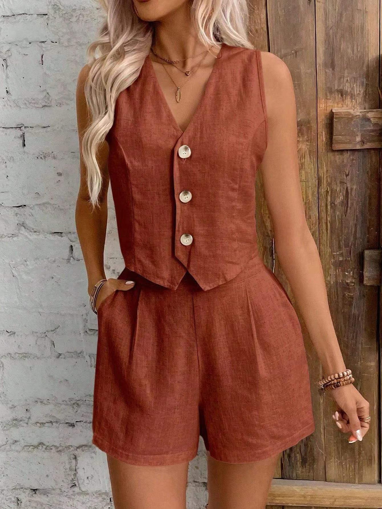 Zweiteiler aus Leinenoptik – Ärmelloses Gilet mit High-Waist Shorts - Image 4