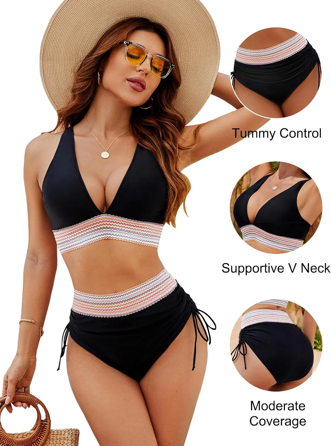 Zweiteiliges Damen-Bikini-Set mit Häkelstreifen – Hoher Bund & Halterneck - Image 5