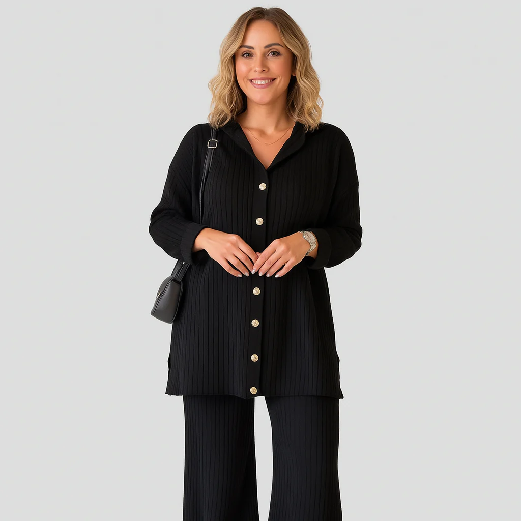 Zweiteiliges Rippstrick-Set – Hemdjacke mit Knöpfen & Hose mit weitem Bein - Image 2